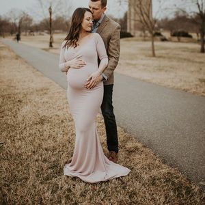 Pink Metallic Long Sleeve Maternity Gown/Dress